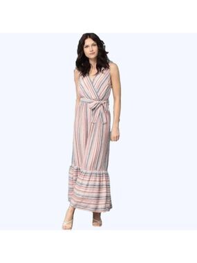 Sleeveless Striped Tiered Wrap Style Belted Velvet Maxi Dress w Pockets 8